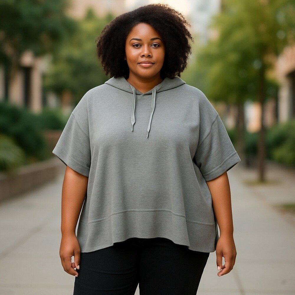 Gloria Vanderbilt Womens Lightweight Gray Hoodie Top 2X Short Sleeve Casual